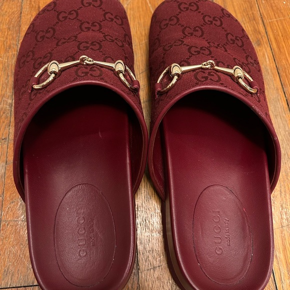 Gucci "Sol" monogram cotton canvas mules with golden bit strap /color burgundy - Picture 11 of 15